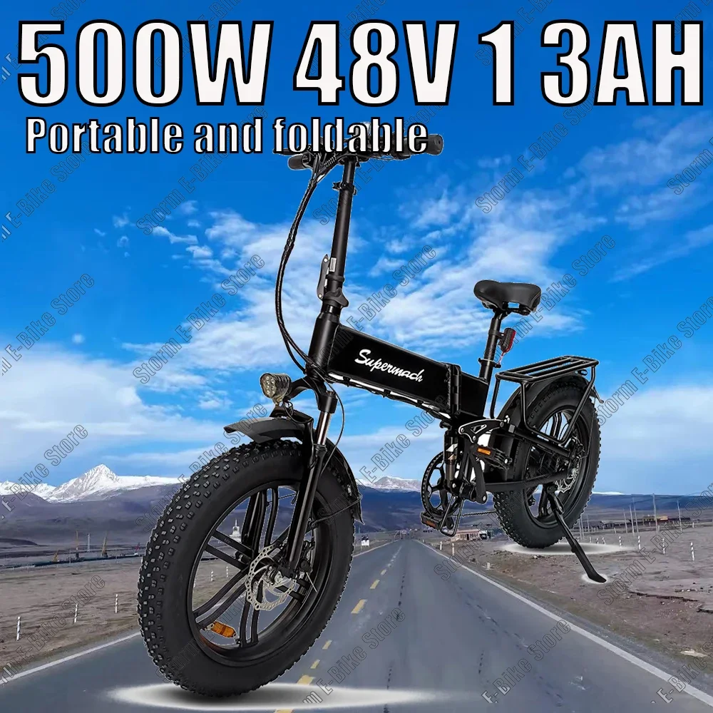 500W Powerful Motor  Foldable Mountain Electric Bicycle 48V13AH lithium battery Eectric Bike 20-inch Fat Tire  Snow  E- Bicycle