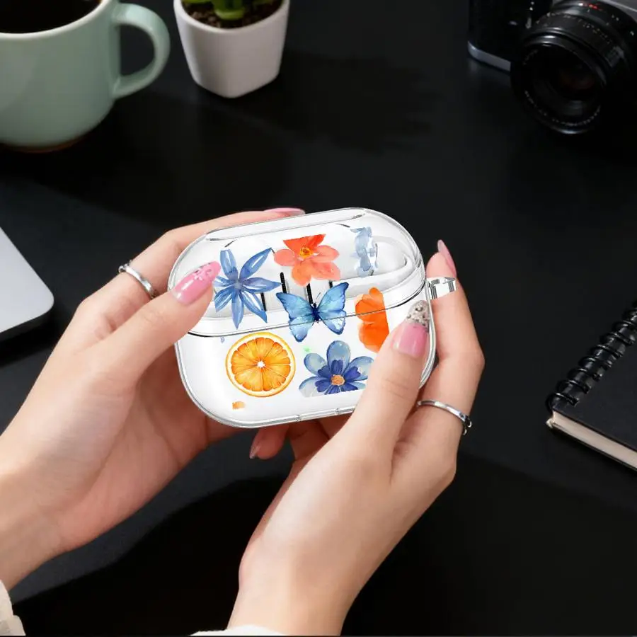 Case For Samsung Galaxy Buds 4Pro 2Pro 3Pro 4 Pro Live 3 FE 2 Clear Earphone Cases Cover With Hook Simple Fruit Flower