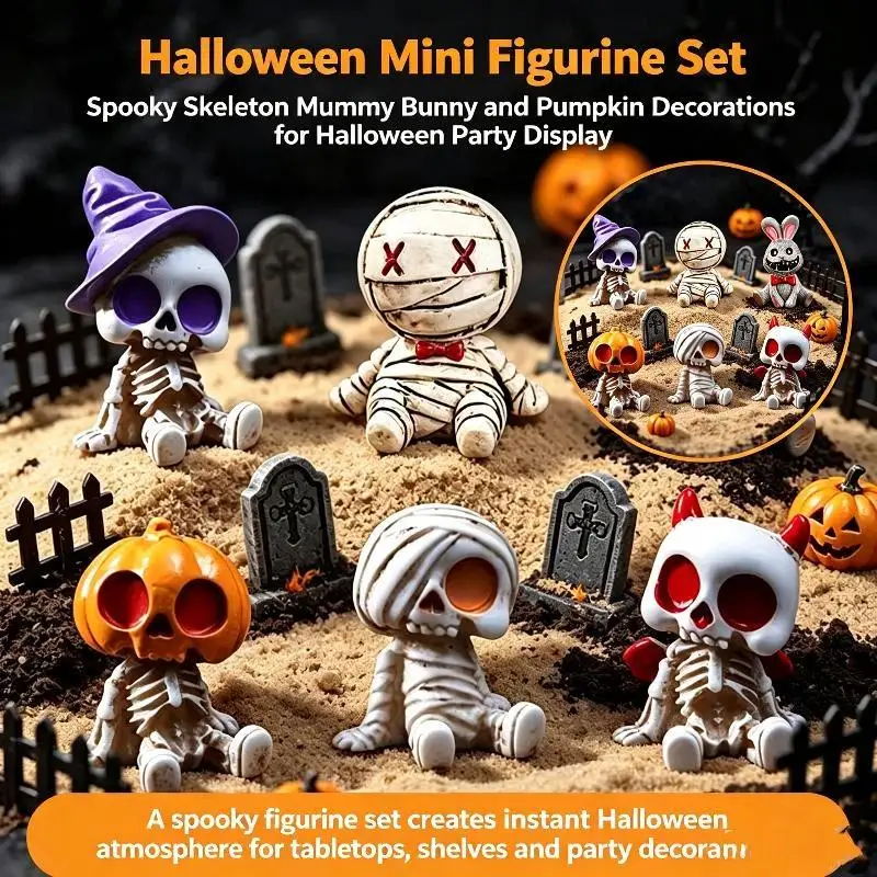 6Pcs Cute Halloween Mini Resin Figurine: Skeleton Mummy Rabbit Pumpkin Party Desktop
