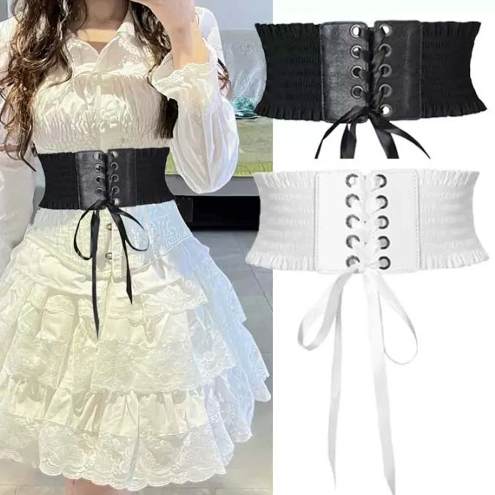 Adjustable Elastic Pleated Cummerbunds Polyester PU Wide Corset Waistband Strap Rope Soft Elastic High Wide Belt Ornament