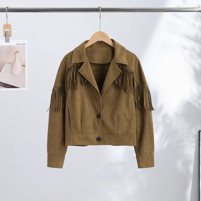 Damen-Wildlederjacken mit Übergroßem Revers und Quasten, Einreihige Kurze Mäntel, Herbst-Damenjacke mit Langen Ärmeln, Neue Oberbekleidung – Detail 3