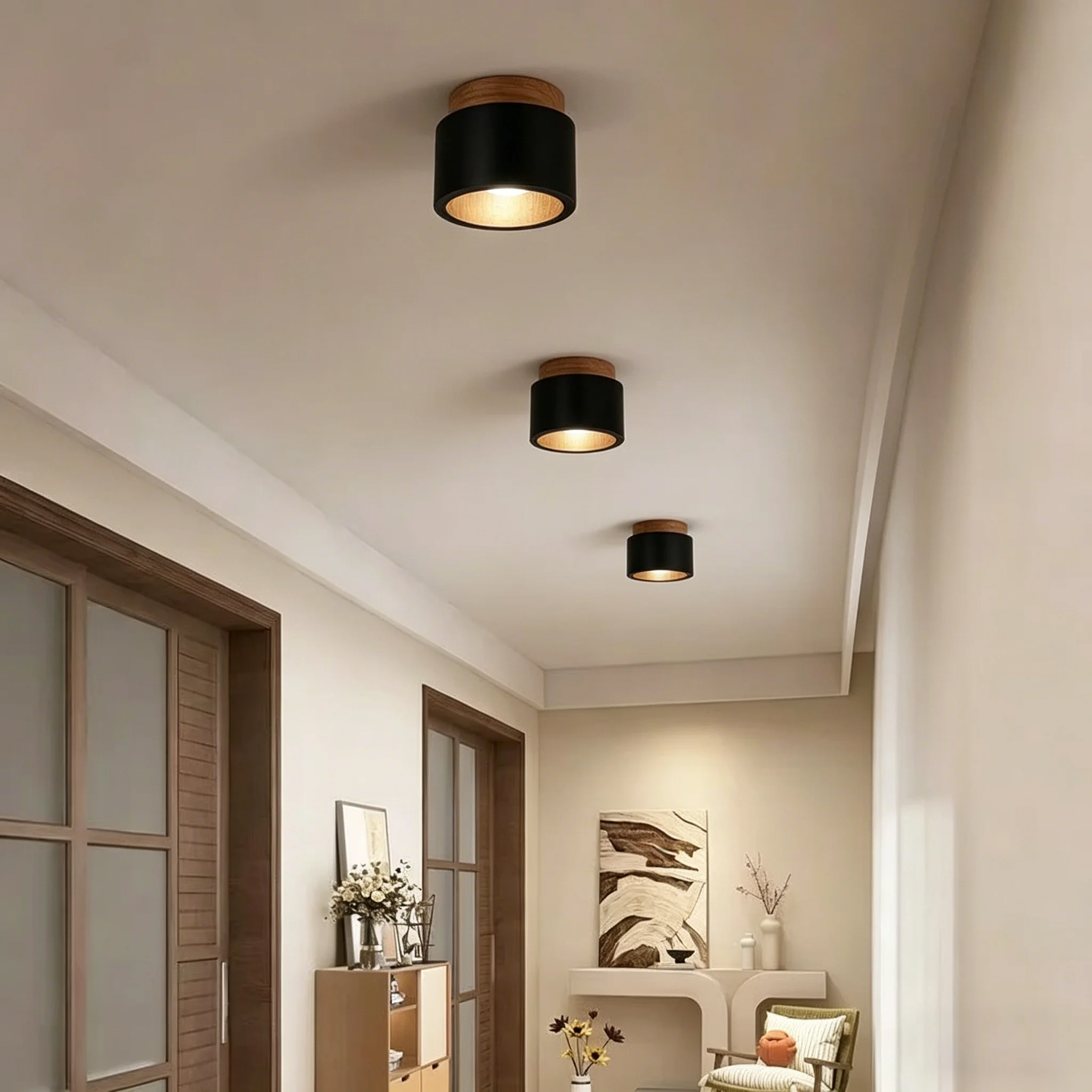 

Черный травертиновый светодиодный потолочный светильник, круглый, в японском стиле, деревянный даунлайт для гостиной, коридора, веранды, балкона, деревянный светильник