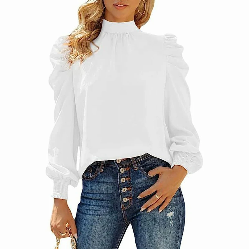 Damen Puff ärmel Blusen verspotten High Neck Plissee Top Bluse elegante Langarmhemd einfarbige Pullover Shirts