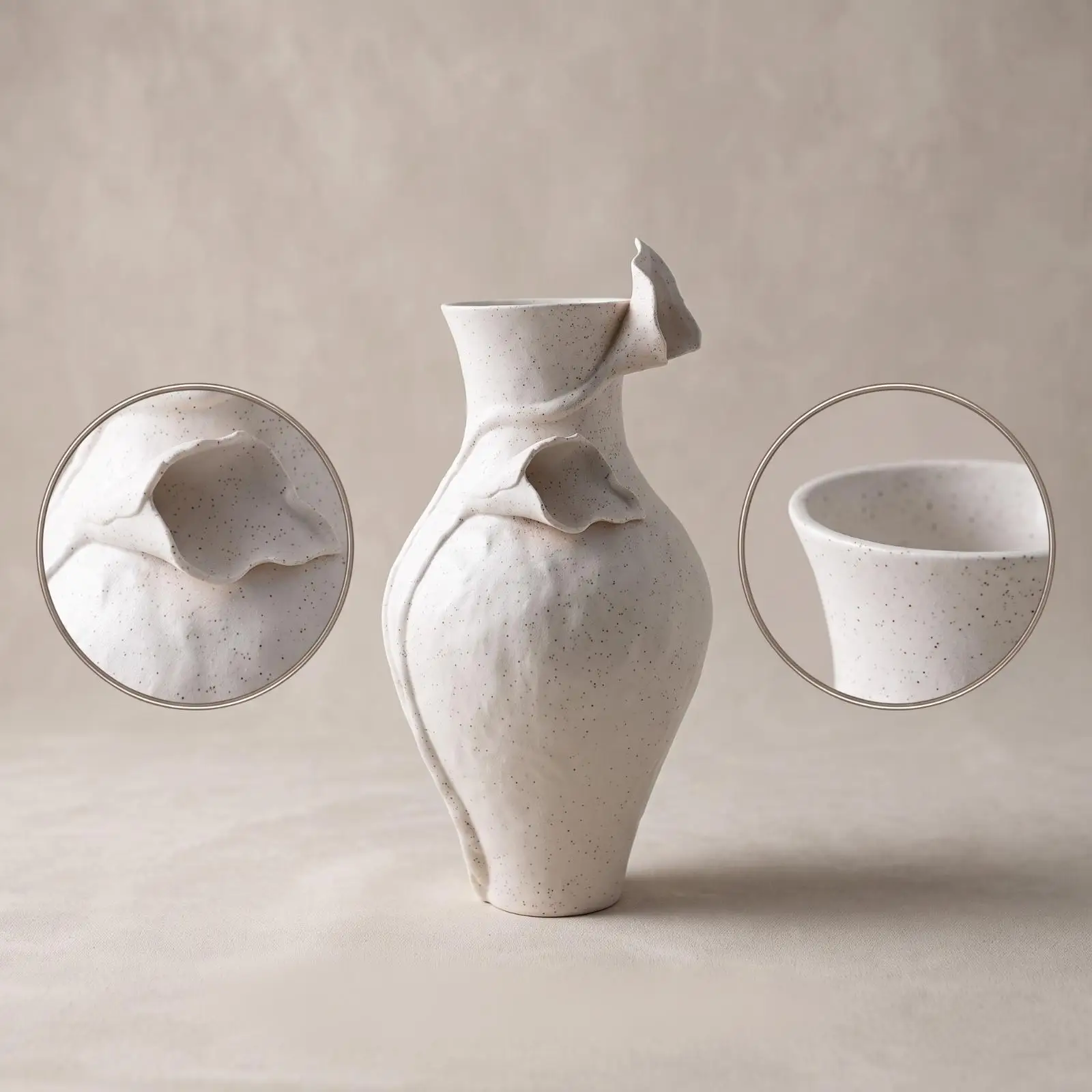 Speckled Matte Ceramic Vase with Hand Formed Leaf Accent for Rustic Industrial Home Styling