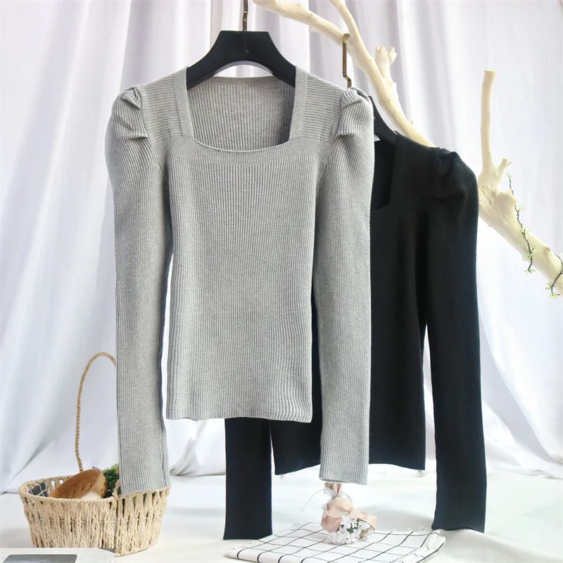 Ardm Elegant Square Neck Pleated Long Sleeve Top Slim Knitted White Winter Sweater Women Black Pull Femme Pullover Shirt