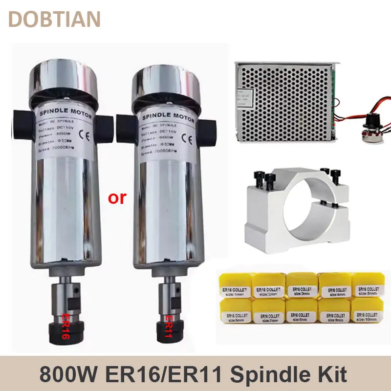 Air Cooled 0.8kw DC110V 20000RPM CNC Spindle Motor Kit ER16/ Chuck 800W Spindle Motor + Power Supply Speed Governor For Engravin