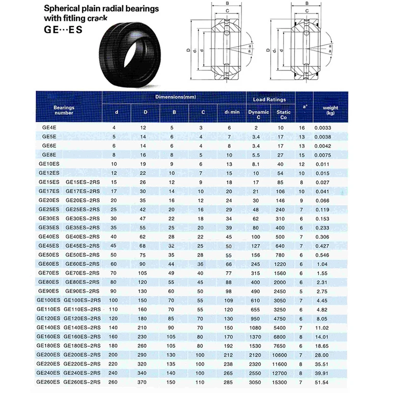 Radial Spherical Plain Bearings GE6/8/10/12/15/17/20/25/30/35/45/50/60ES Single-Open Seam Bearing Steel Lubricated