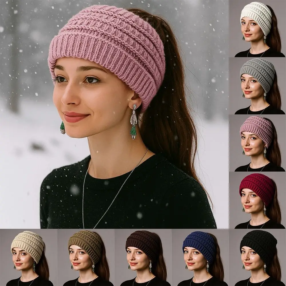 Warm Solid Color Ponytail Beanie Hat Thicken Headwear Women's Hat Ear Protection Knitting Headband Winter