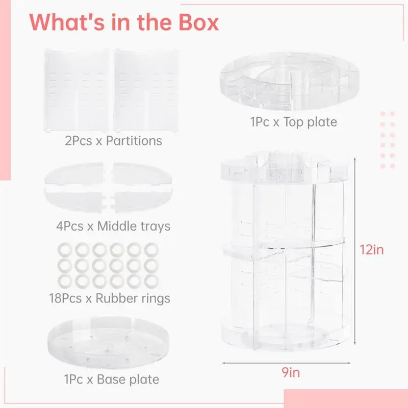 360° Rotating Makeup Organizer Acrylic Makeup Spinning Holder Adjustable Bathroom Cosmetic Storage Rack 4 Trays Makeup Caddy