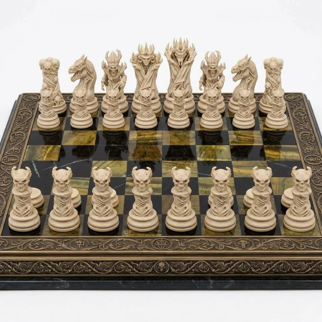 16 Pcs Gothic Vampire Demon Skull Chess Pieces, Dark Devil Sculpted Chessman, Medieval Undead Skeleton Themed Tabletop Ornament