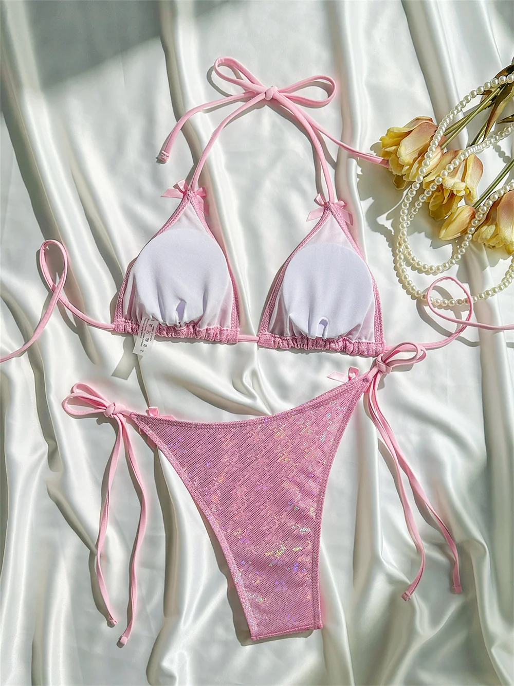 Shiny Pink Bikini Extrem String Backless Swimsuit Push Up Kawaii Bowknot Vacation Swimwear Women Micro Tangas Beach Bathing Suit