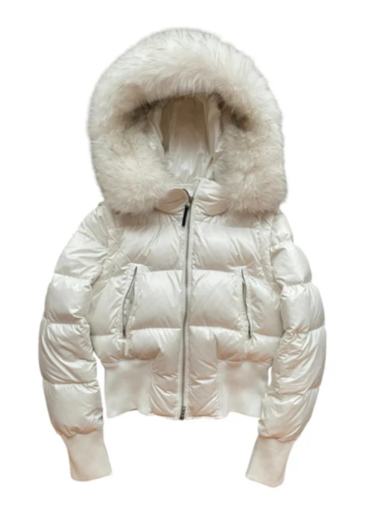 Design de tendência de rua de inverno, jaqueta de algodão com gola de pele destacável, jaqueta de emagrecimento com cintura, roupas femininas de cor sólida
