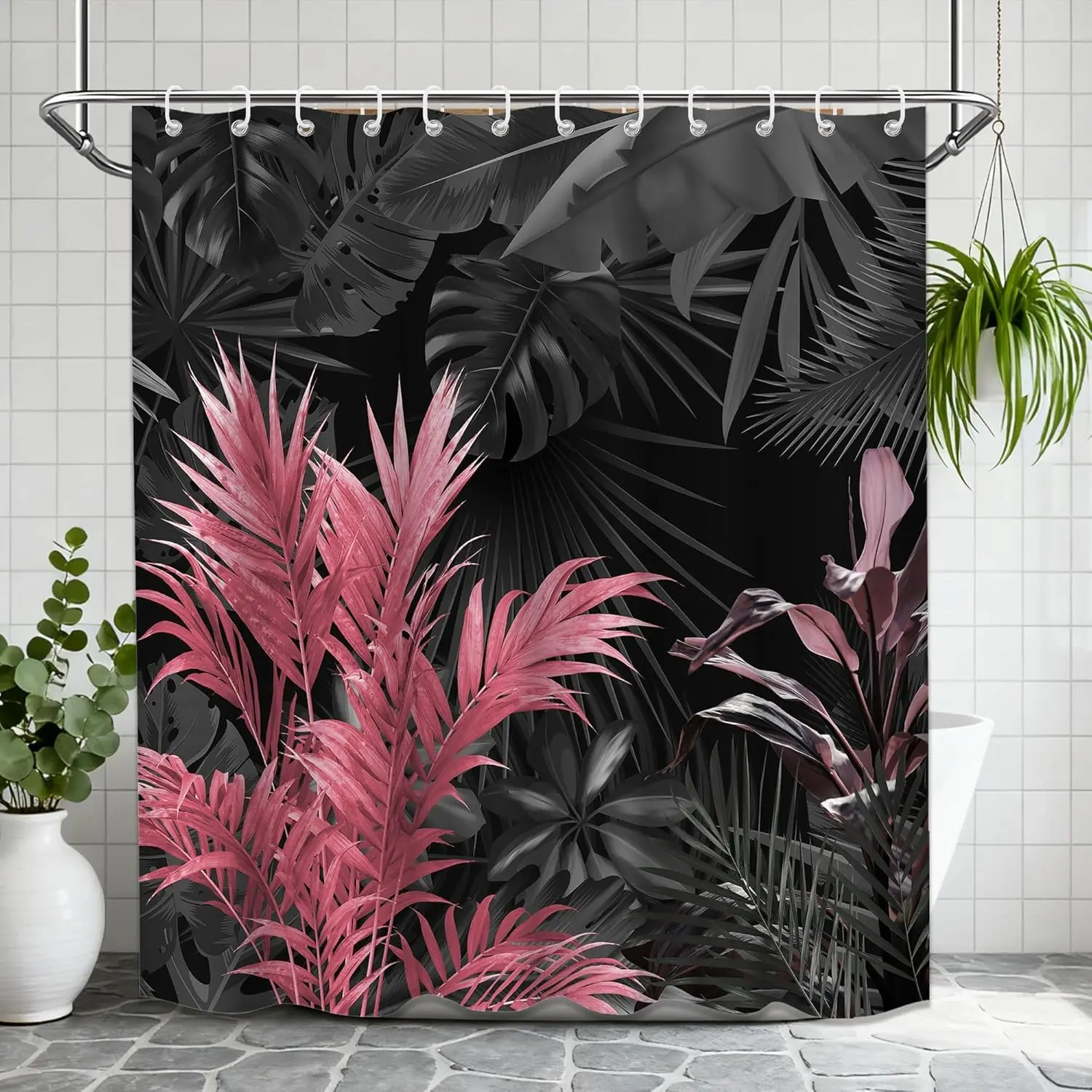 

Pink & Black Tropical Shower Curtain – Bold Palm Leaves & Exotic Foliage, Dramatic Bathroom Decor 71x71 inch