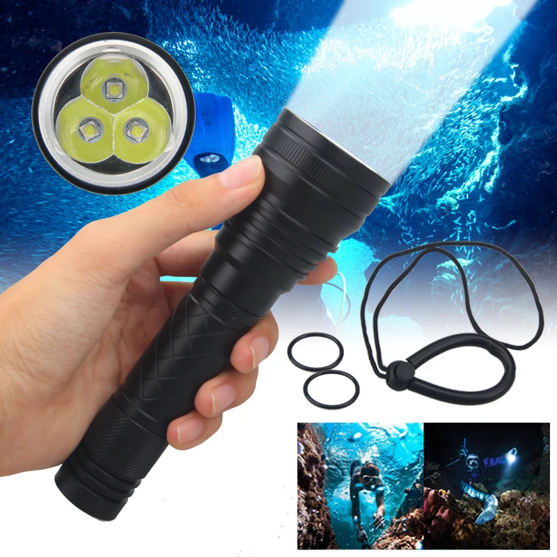 

Super bright 3 LED Diving Flashlight IP68 highest waterproof rating Professional diving light Powered by 18650 battery With hand