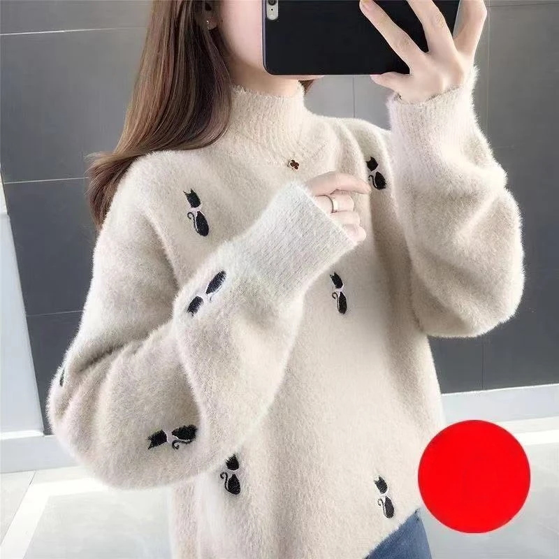 Winter Woman Sweater 2024 Very Warm Embroidery Loose Half High Collar Thicken Panelled Long Sleeve Basic Knitted Pullovers Tops