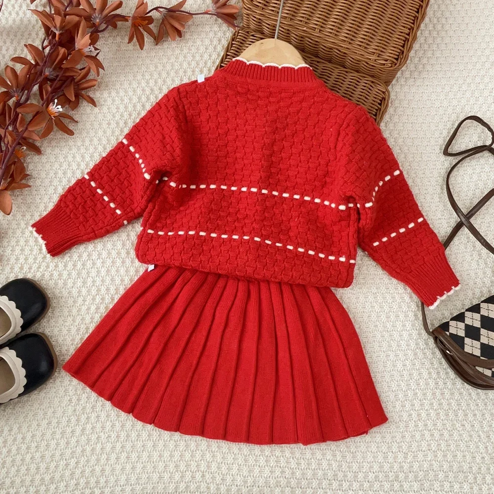 2026 Kinderkleidung Winter Rot Weihnachten Neujahr Mädchen Strickpullover Kleidung Süßer 3D-Hasen-Schleifen-Langarm-Oberteil+Kurzer Rock – Detail 16