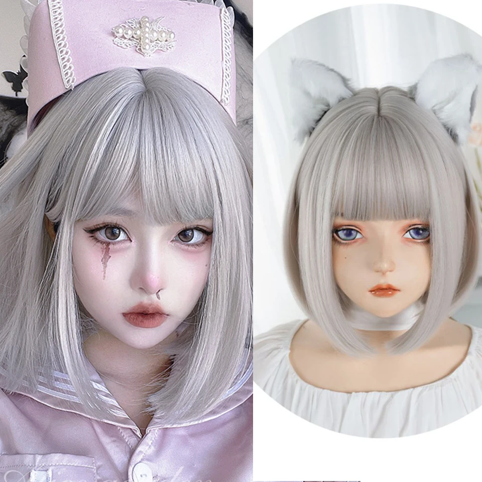 Milky White Silver Short Straight Hair Synthetic Wig With Bangs Shoulder-Length Straight Hair Female Wig Cosplay Lolita