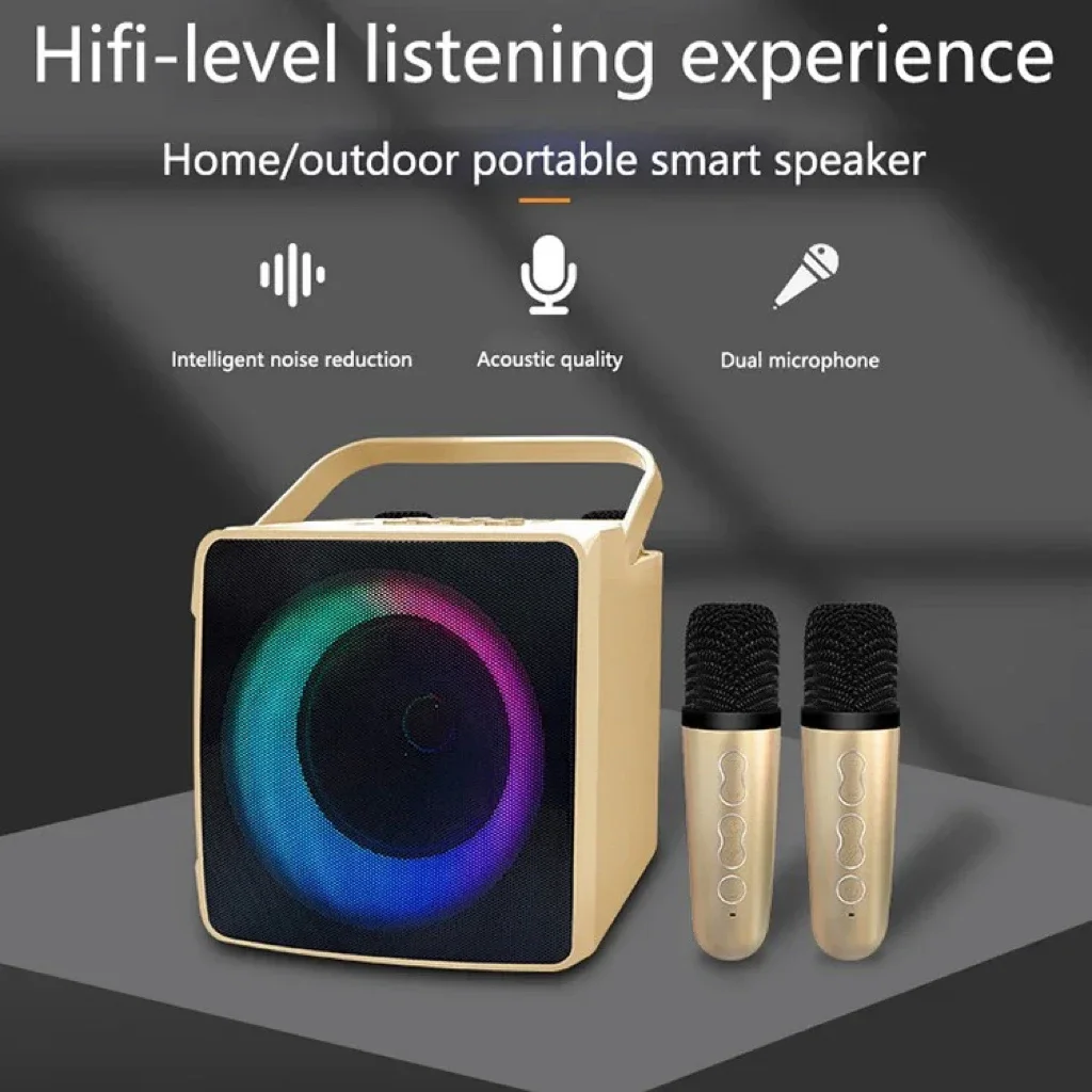 

Двойной микрофон для караоке с RGB-подсветкой, Bluetooth-совместимый динамик 10 Вт, Hi-Fi плеер с 2 беспроводными микрофонами