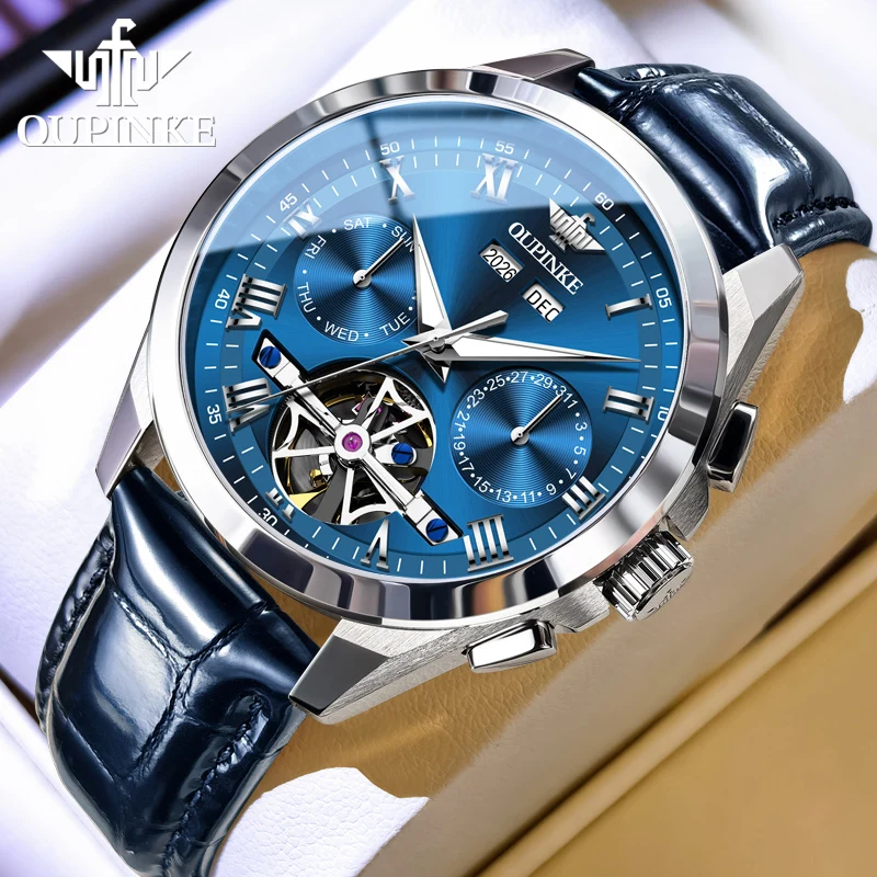 OUPINKE 3281 Automatische Herrenuhren Lederarmband Hohles Schwungrad Römische Skala Doppelkalender Leuchtend Wasserdicht Mechanische Uhr
