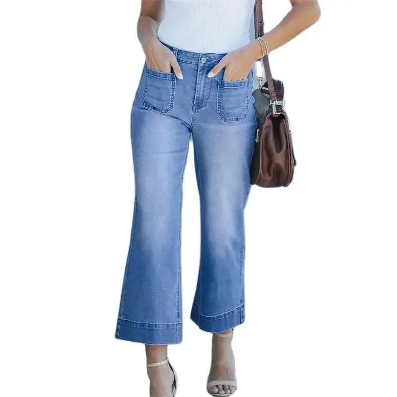 

Fashion Women Commuter Casual Straight Jeans Front Back Pockets Mid Waist Denim Pants Female Loose Nine-quarter Length Trousers