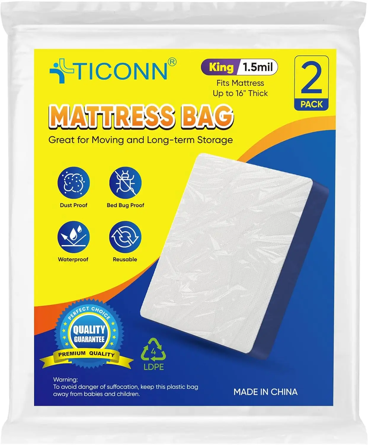 

2Pk Plastic Mattr Bag For Moving Storage, Waterproof Mattr Protector Cover, Heavy-Duty Mattr Moving Supplies (1.5 Mil,