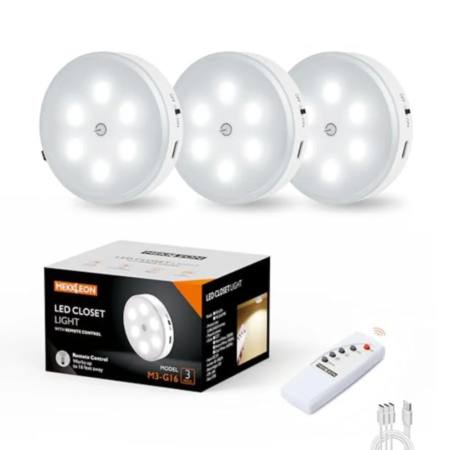 

Puck Lights with Remote Control, 1000mAh Rechargeable Under Cabinet Lighting, LED Closet Lights, 3Pack Night Light, Cordless St