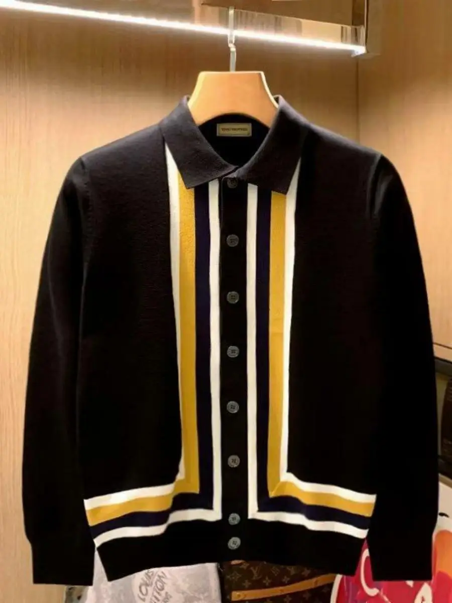 

Knitted Cardigan Men's Faionable Autumn Winter Diamond Color Blo Collar Sweater Coat Straight Cut Long Sve Ca...