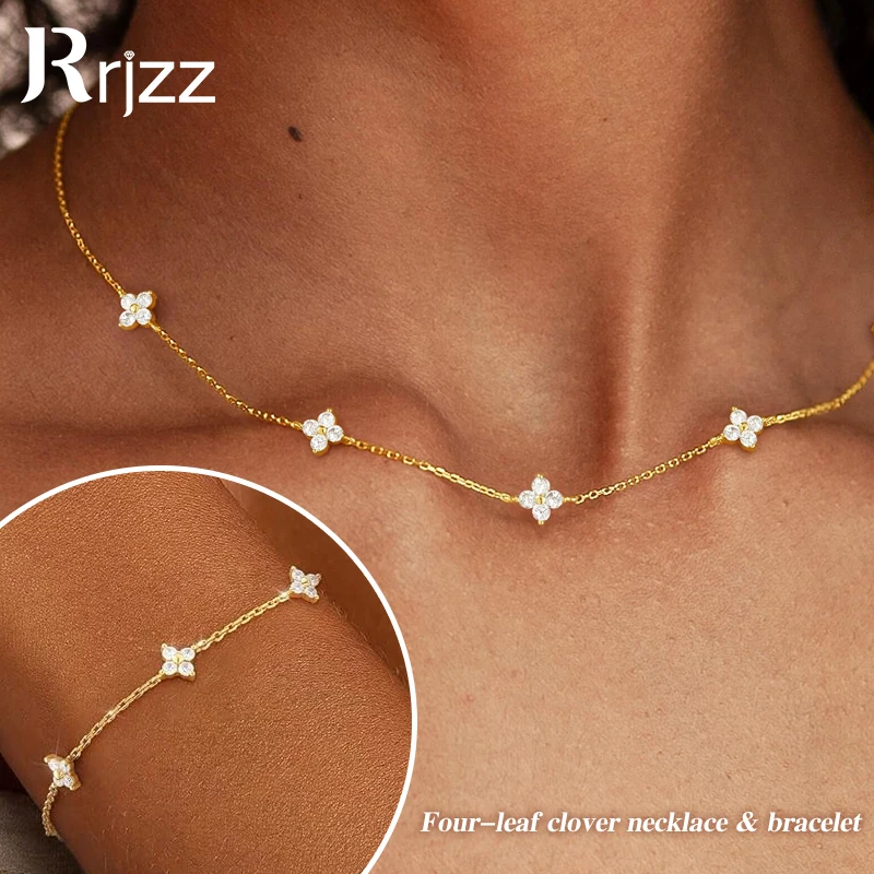

Rrjzz D-Color 3mm Full Moissanite Four-Leaf Clover Bracelet&Necklace Set for Women VVS1 Imitation Diamond Jewelry Birthday Gifts