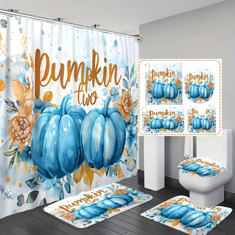 Pumpkin & Floral Letter Design Bath Curtain Set - Fade-Resistant Polyester with Hooks, Machine Washable - Choose from 1pc, 3pcs,