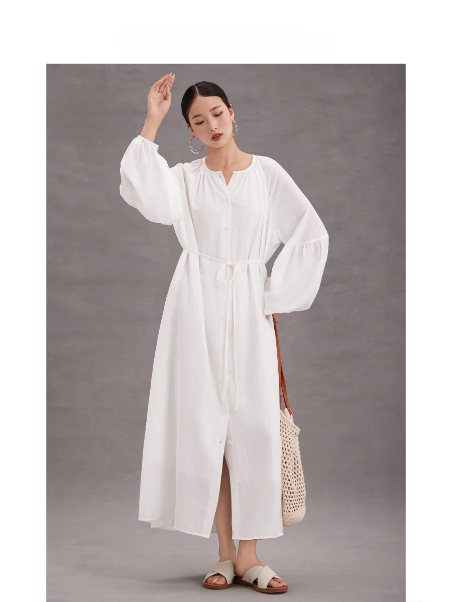 

Повседневное расслабляющее платье-фонарик белого цвета, свободного кроя, с завышенной талией, стройнящее, средней длины, весна-лето-осень, новинка