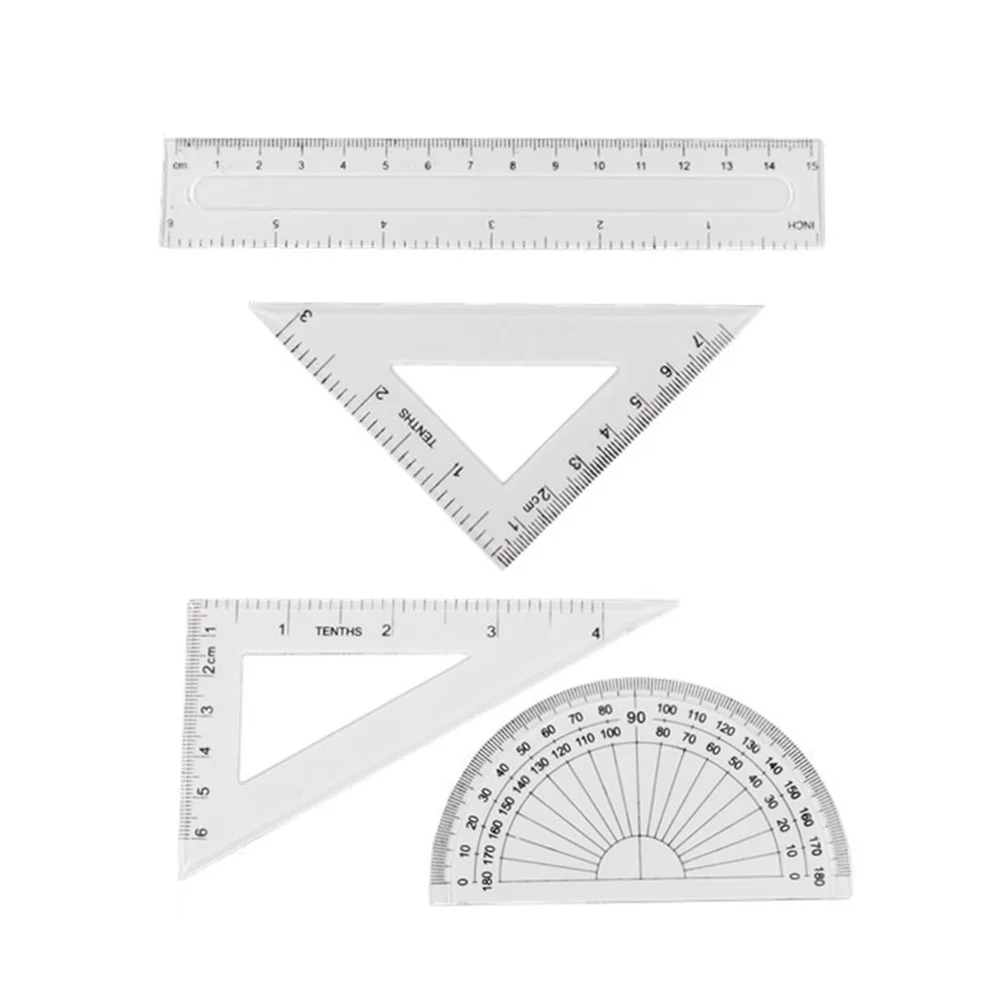 Régua transferidor transparente para criança, ferramentas triangulares elaboração, material escolar principal, 4 pcs