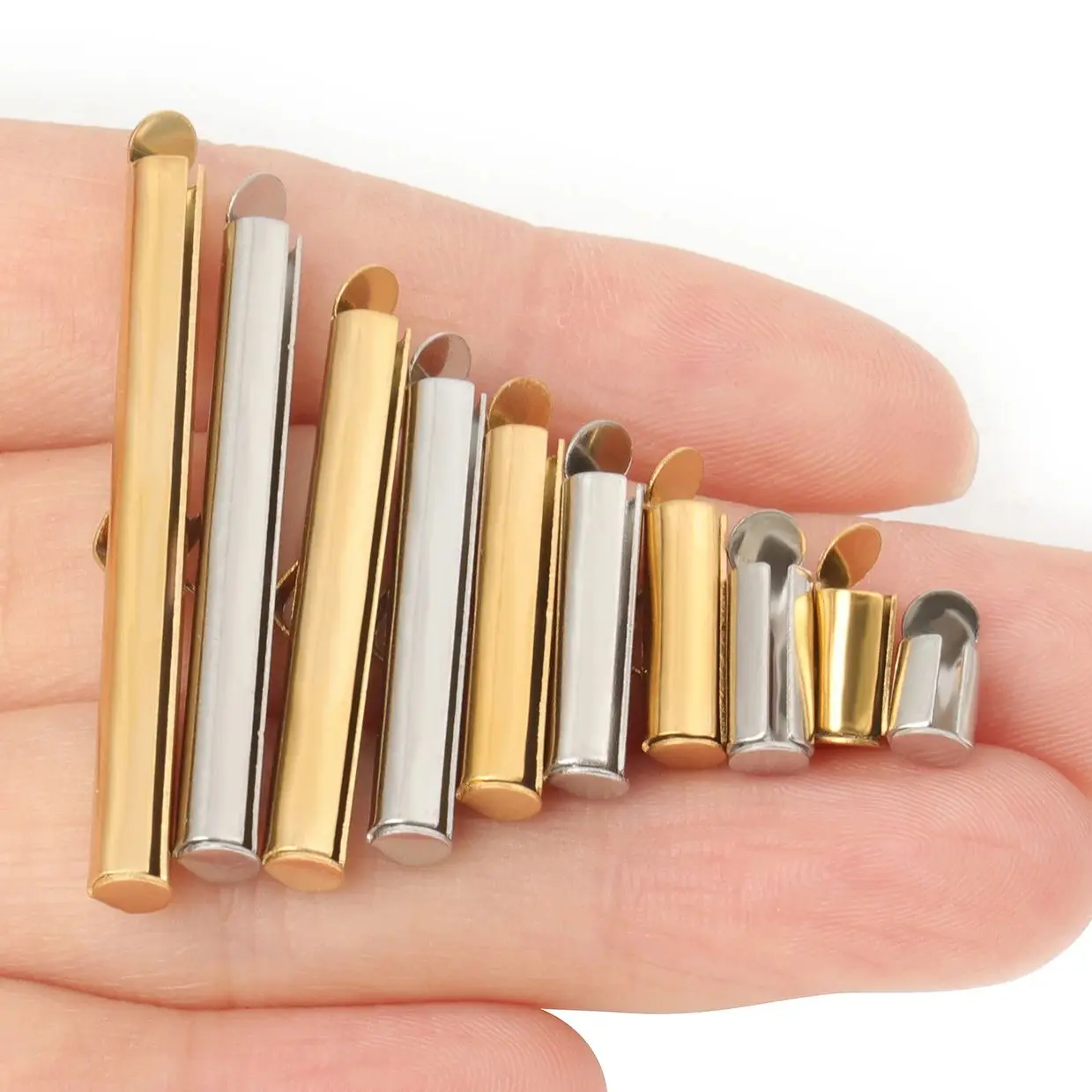 Stainless Steel Gold Color Crimp End Beads Slide End Clasp With Chain Buckles Tubes Connectors Charms Making DIY Jewelry 10pcs