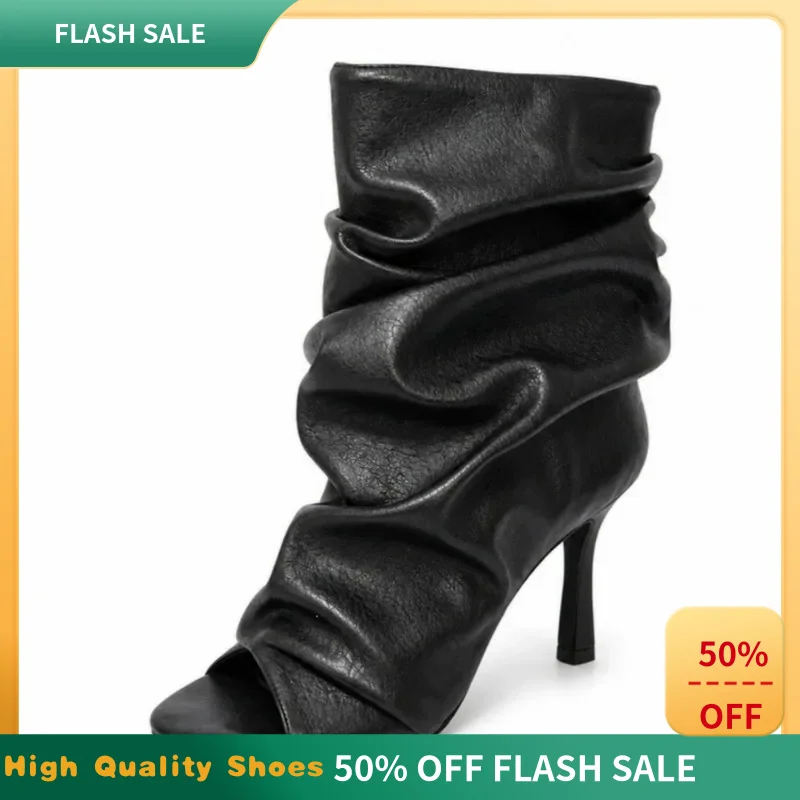Elegant Women Peep Toe Slouch Mid Calf Boots Soft PU Stiletto Heel Slip On Ruched Pleated Daily Fashion Dress Ankle Booties F371