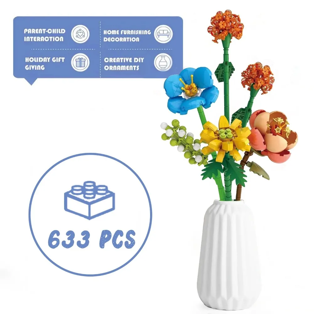 Kit de construção de flores para adultos, conjunto de blocos de construção de flores de 633 peças, mini tijolo de construção de flores artificiais para coleção botânica