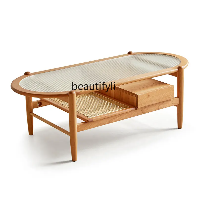 

zq Coffee Table Living Room Home Double Layer Solid Wood round Rattan Japanese Changhong Glass Log Cherrywood Low Table