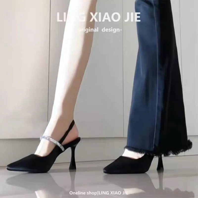 

Baotou women's slip-on sandals 2026 new style rhinestone, elegant, low-cut, versatile, pointed toe, thin heel, high heel shoes