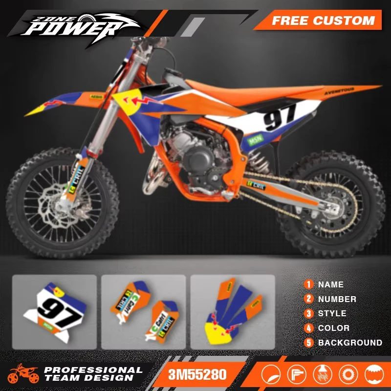 Powerzone Custom Team Decals Stickers Kits for KTM SX65 2024 2025 2026 Customized Number Name Background