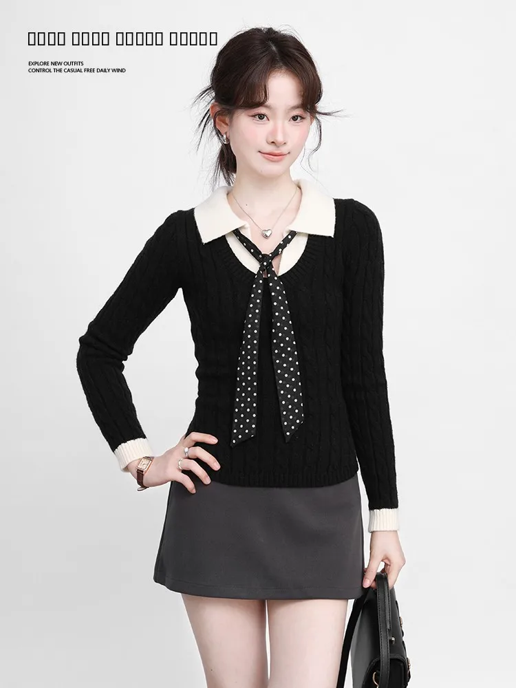 

Slim Fit Knitted Sweater Tee Galaxy Residents Turn-down Collar Bla White Patchwork Women's Base Layer Spring 2026 Sle