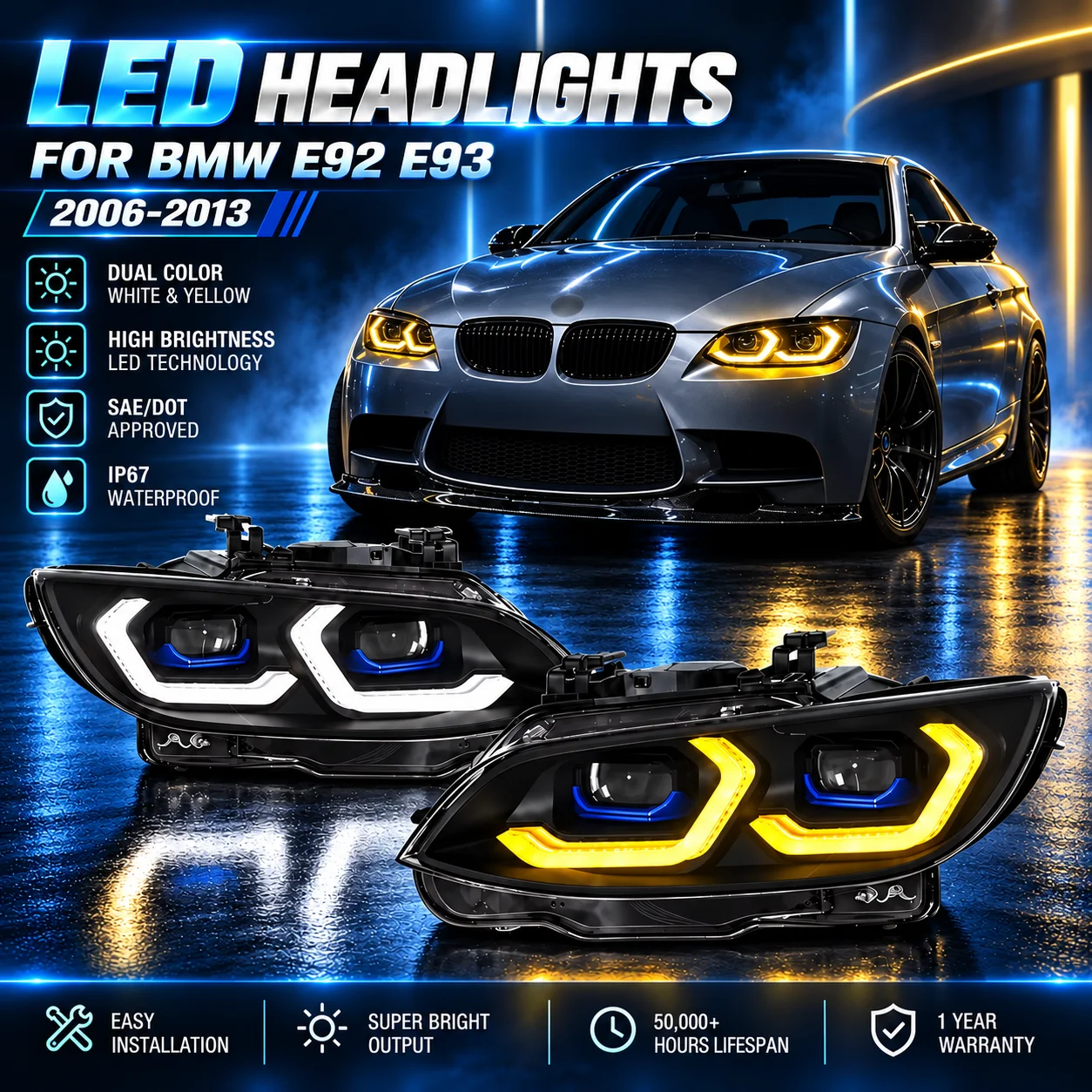 Gruppo fari anteriori a LED per BMW E92 E93 2006‑2013 330i 335i, lente proiettore Angel Eye, luci diurne DRL, indicatori di direzione, abbaglianti, ricambio fari anteriori