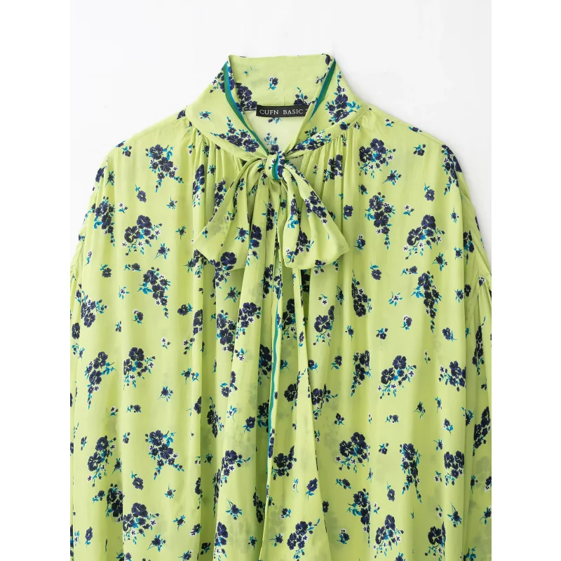 2026 Herbst Neue Damenbluse Vintage Blumendruck Schleifenknoten am Hals Lange Puffärmel Kontrastrand Lose Blusen Alltags- und Büro-Oberteile – Detail 3