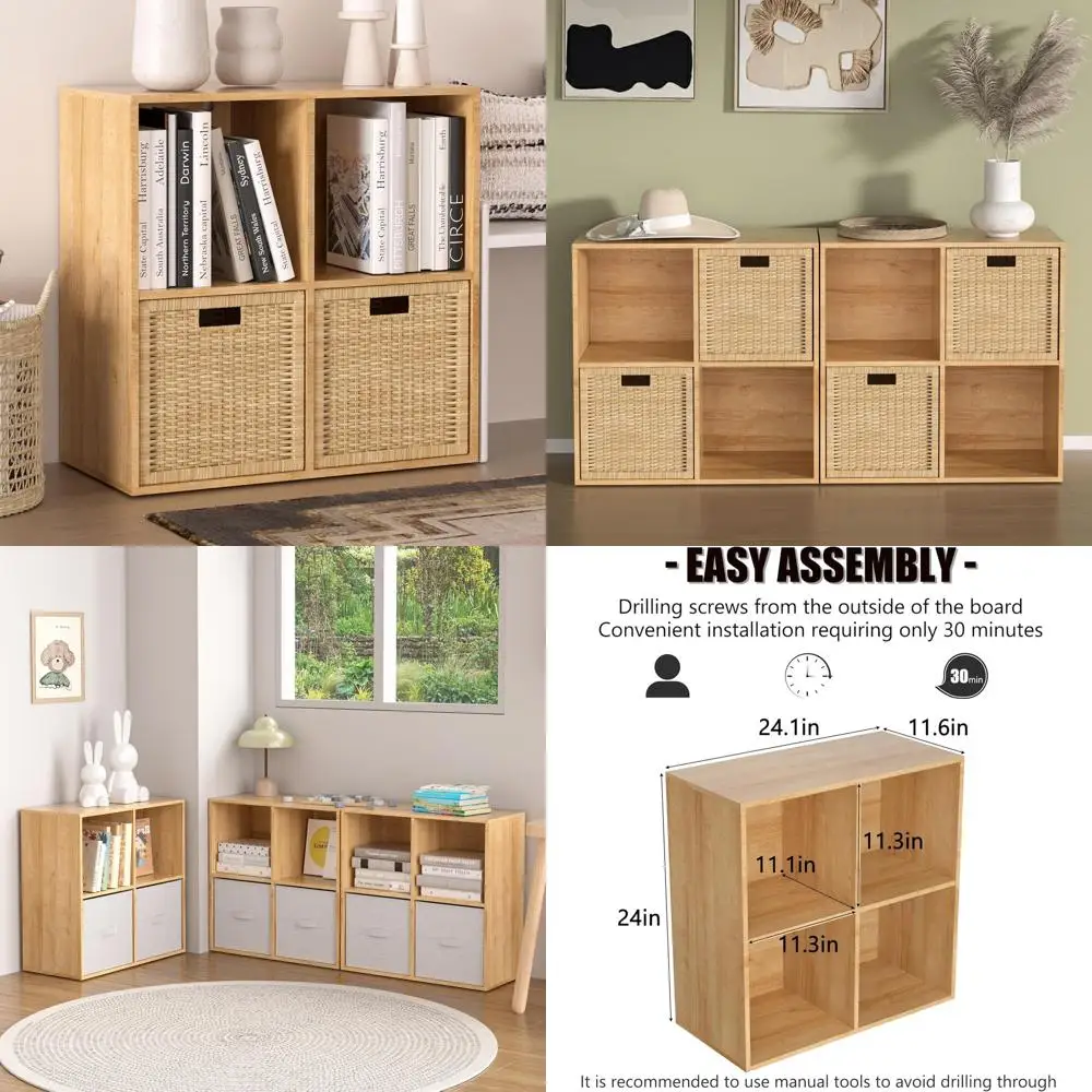 

White 4-Cube Storage Organizer with Enclosed Back, Living Room Cubby Shelves with Sections