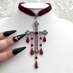 Punk Large Cross Choker Necklace for Women Vintage Red Goth Gothic Cross  Velvet Choker Pendant Y2k Fashion Girls Accessories