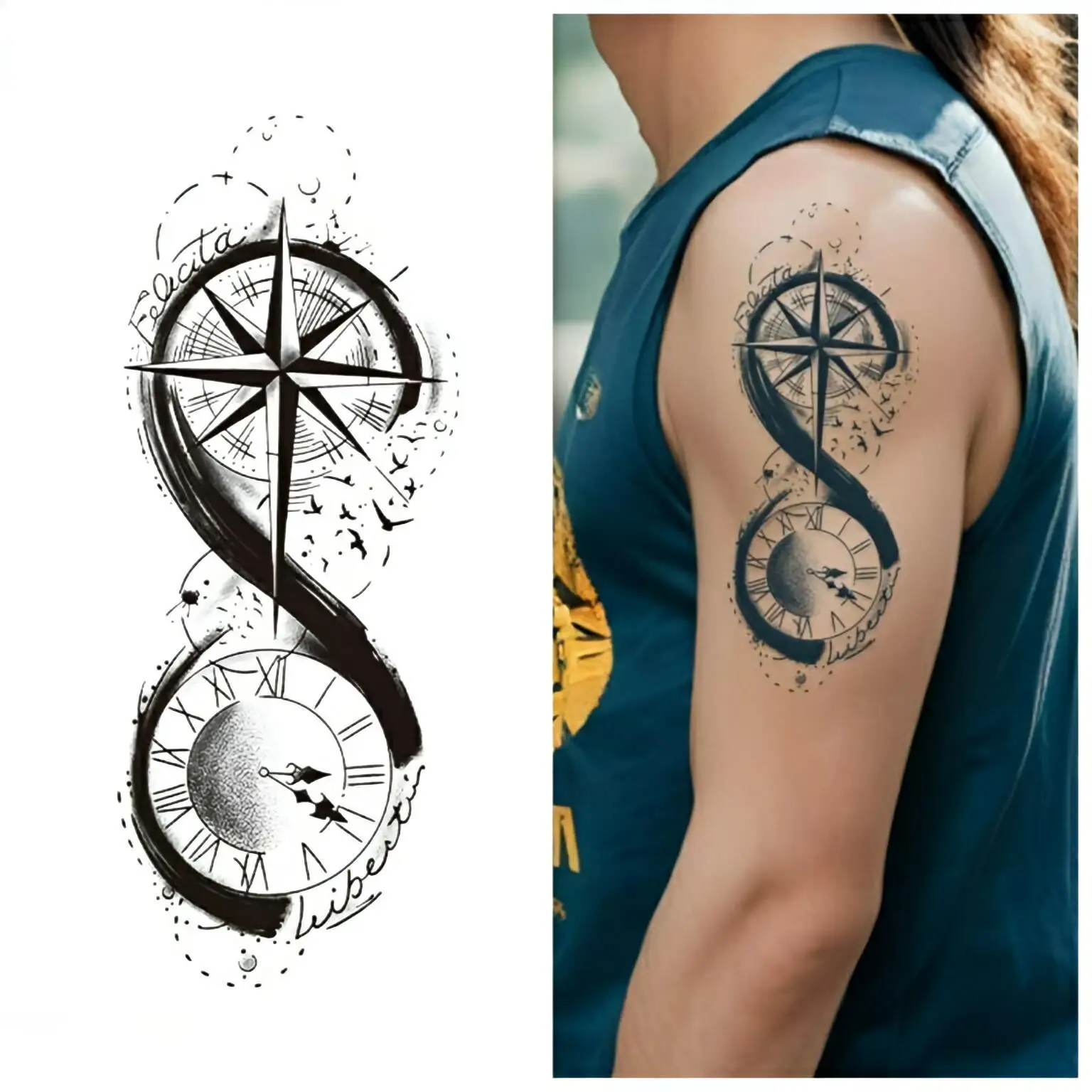 

Compass Clock Temporary Tattoos,Tattoo Stickers,Waterproof Long-Lasting 15 Days,Semi-Permanent Fake Tattoo,body art Men Women