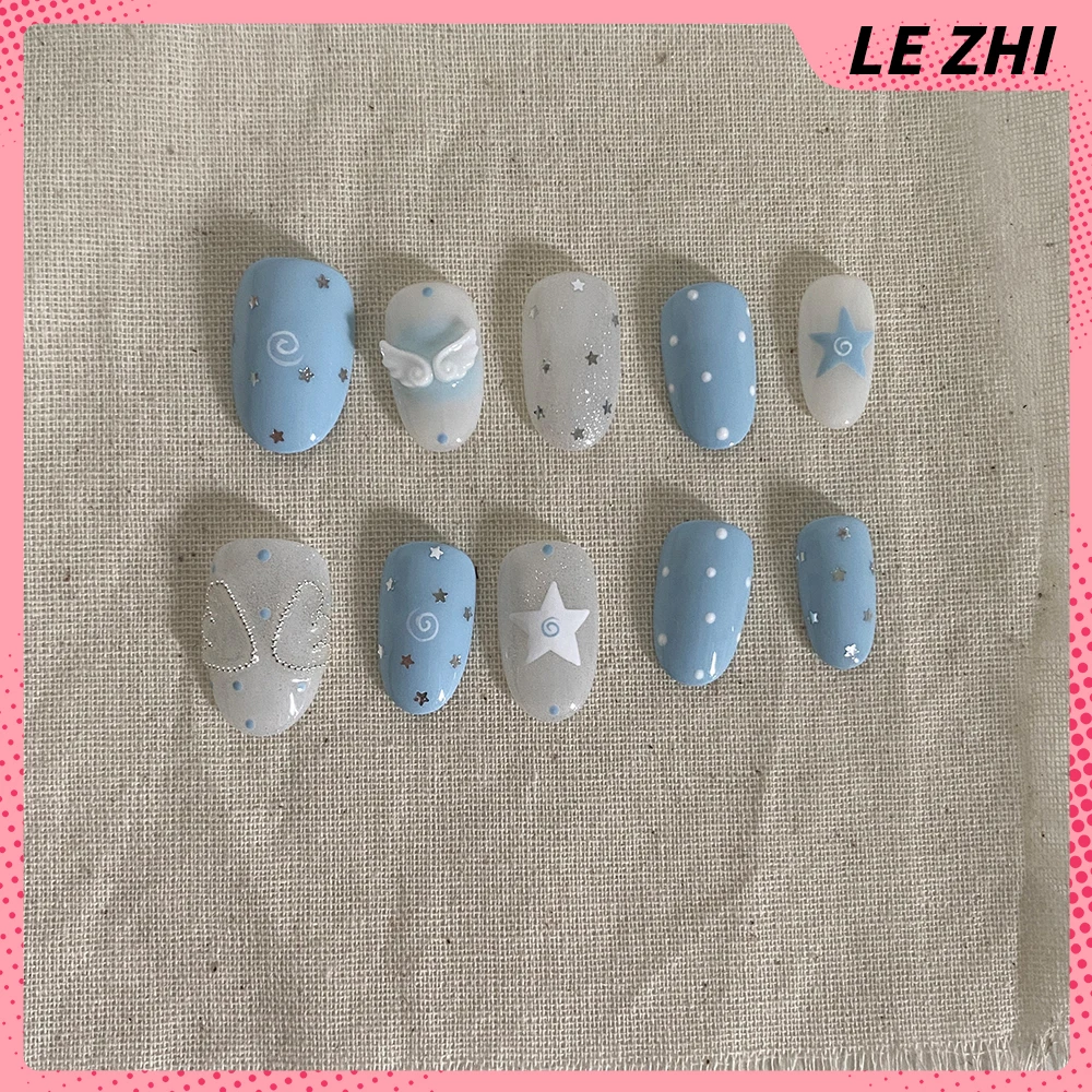 اللوز مربع الفرنسية البساطة اضغط على رسومات أظافر البولكا نقطة ستار القوس أجنحة Y2K ريترو 10 قطعة الأظافر اليدوية للتخصيص شكل