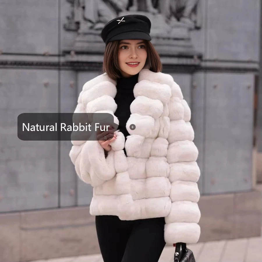 Women Winter Jacket With Natural Fur Warm Ladies Short Overcoat Real Rabbit Fur Coats White