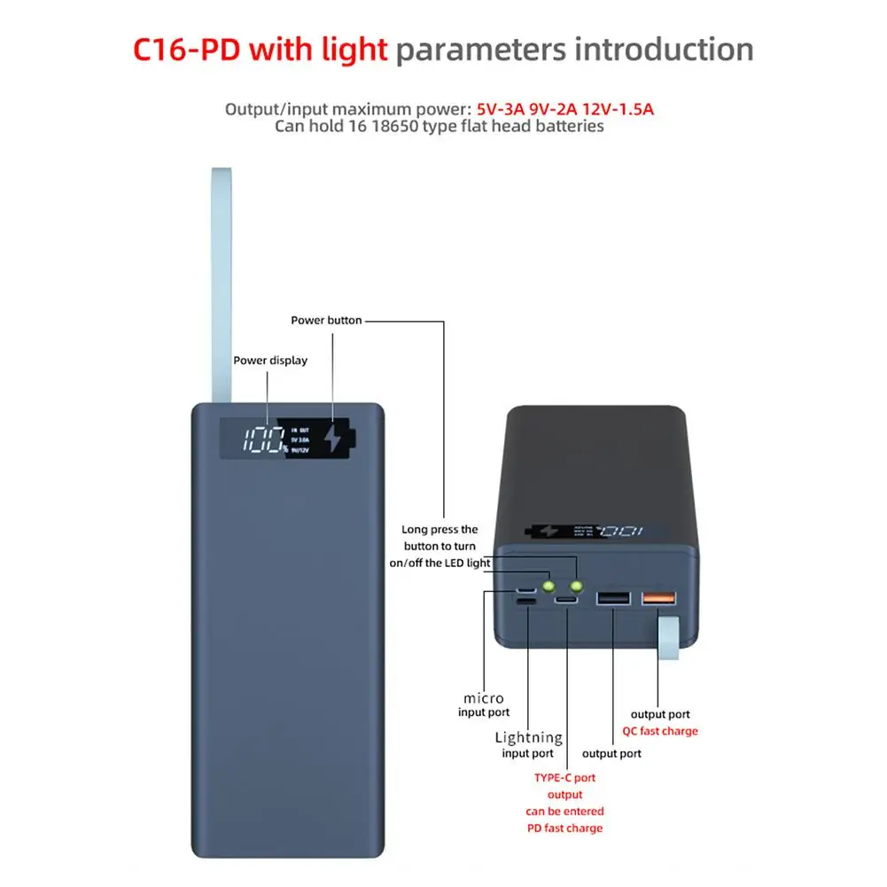 16*18650 Battery Holder Storage Box Power Bank Case DIY 18650 Kit Phone Powerbank Battery Charger Mobile DIY Shell Box