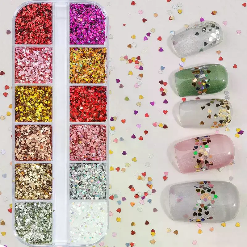 12 Grids Mixed Star Heart Nail Glitter 1mm Star Sequin Nail Art DIY Colorful Sparkling Nail Charms Nail Decoration Accessories