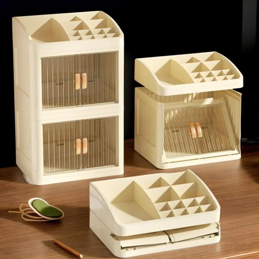 

Foldable Makeup Storage Box Plastic Multi-Layer Storage Shelf Double Door Dust-proof Stationery Rack Cosmetics Organizer