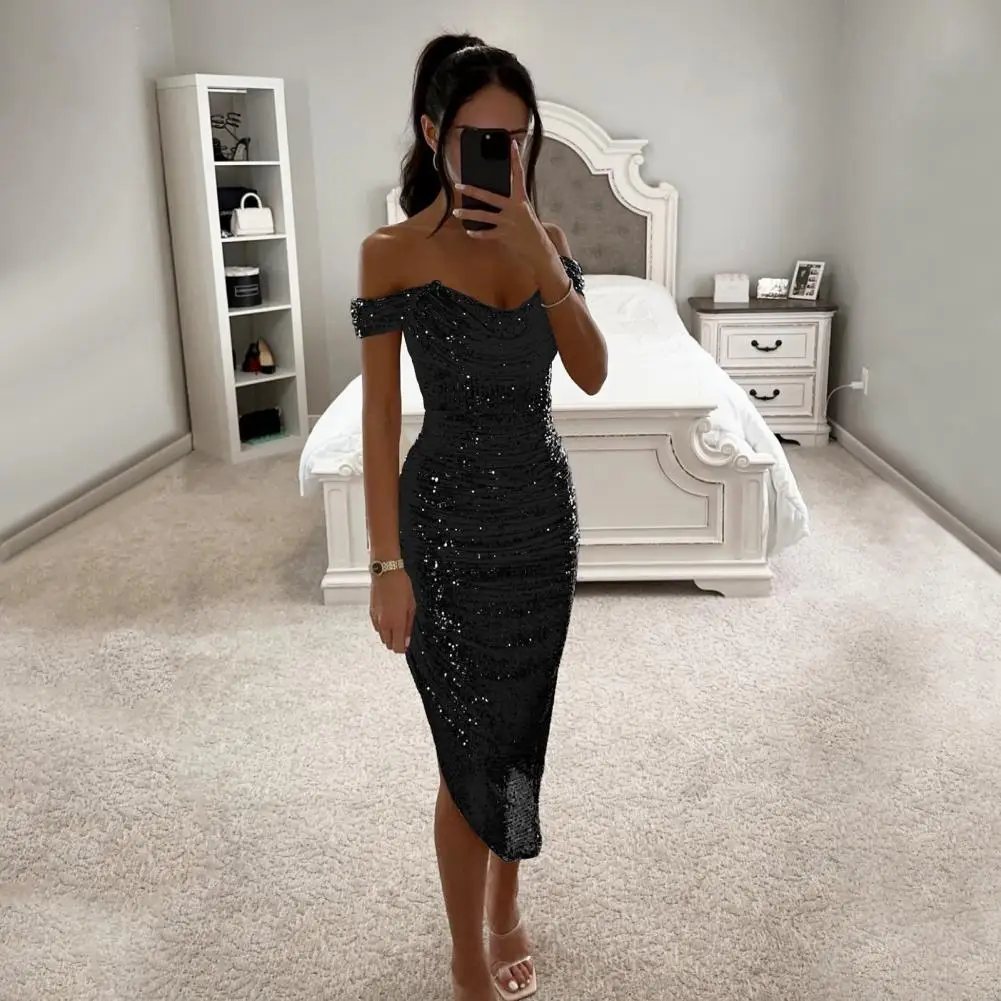 Sequined Evening Gown Elegant Sequin Off Shoulder Evening Dress for Prom Wedding Party Slim Fit Midi Dress with Irregular Hem