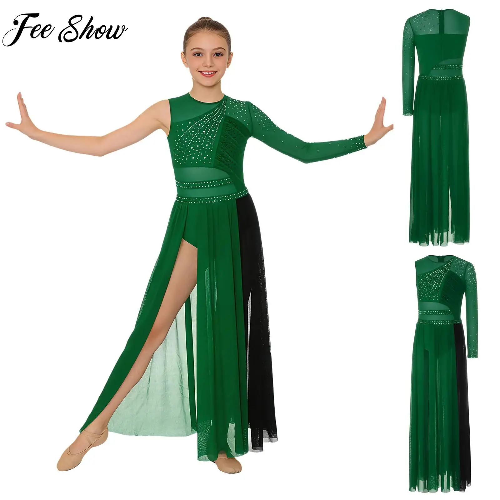 

Платье для лирического танца на одно плечо для девочек, сетчатое платье с цветными блоками и разрезом по бокам, стразы, балетный гимнастический сценический костюм